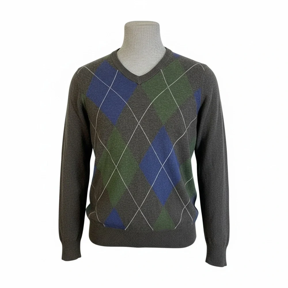 Fossil Argyle V Neck Sweater Mens Blue Green Preppy Classic Knit Top